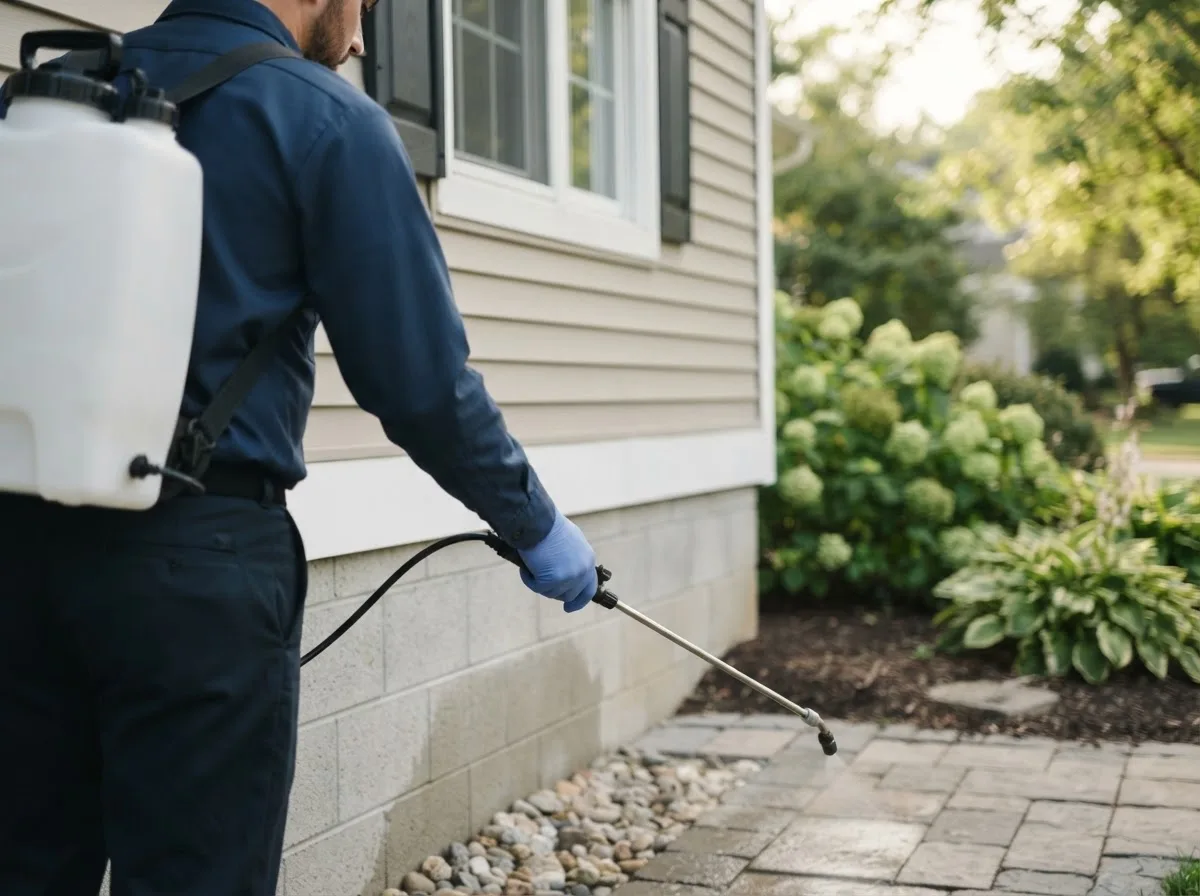 Pest control technician inspecting a home in Franklin, MI